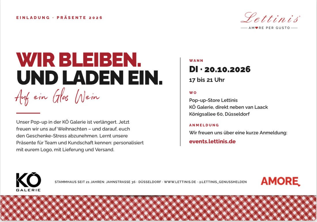 Einladung Präsente 2026: Wir bleiben und laden ein — Dienstag, 20. Oktober 2026, 17 bis 21 Uhr im Pop-up-Store Lettinis in der KÖ Galerie