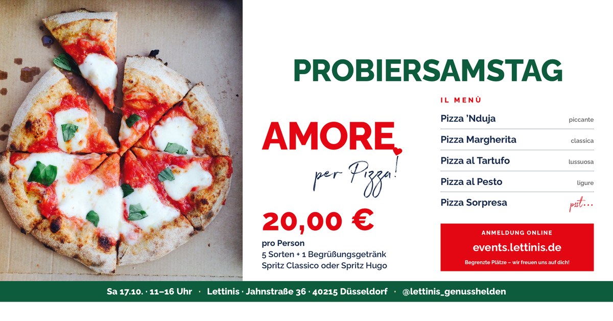 Probiersamstag Amore per Pizza am 17. Oktober 2026 bei Lettinis, 20 Euro pro Person, fünf Pizzasorten und ein Begrüßungsgetränk