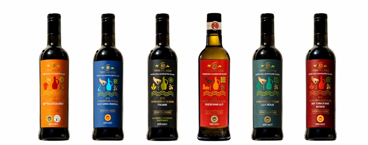 Die sechs Olivenöle von Terre del Sole: Calabria, Garda Orientale, Italiano, Roma, Sicilia und Terra di Bari
